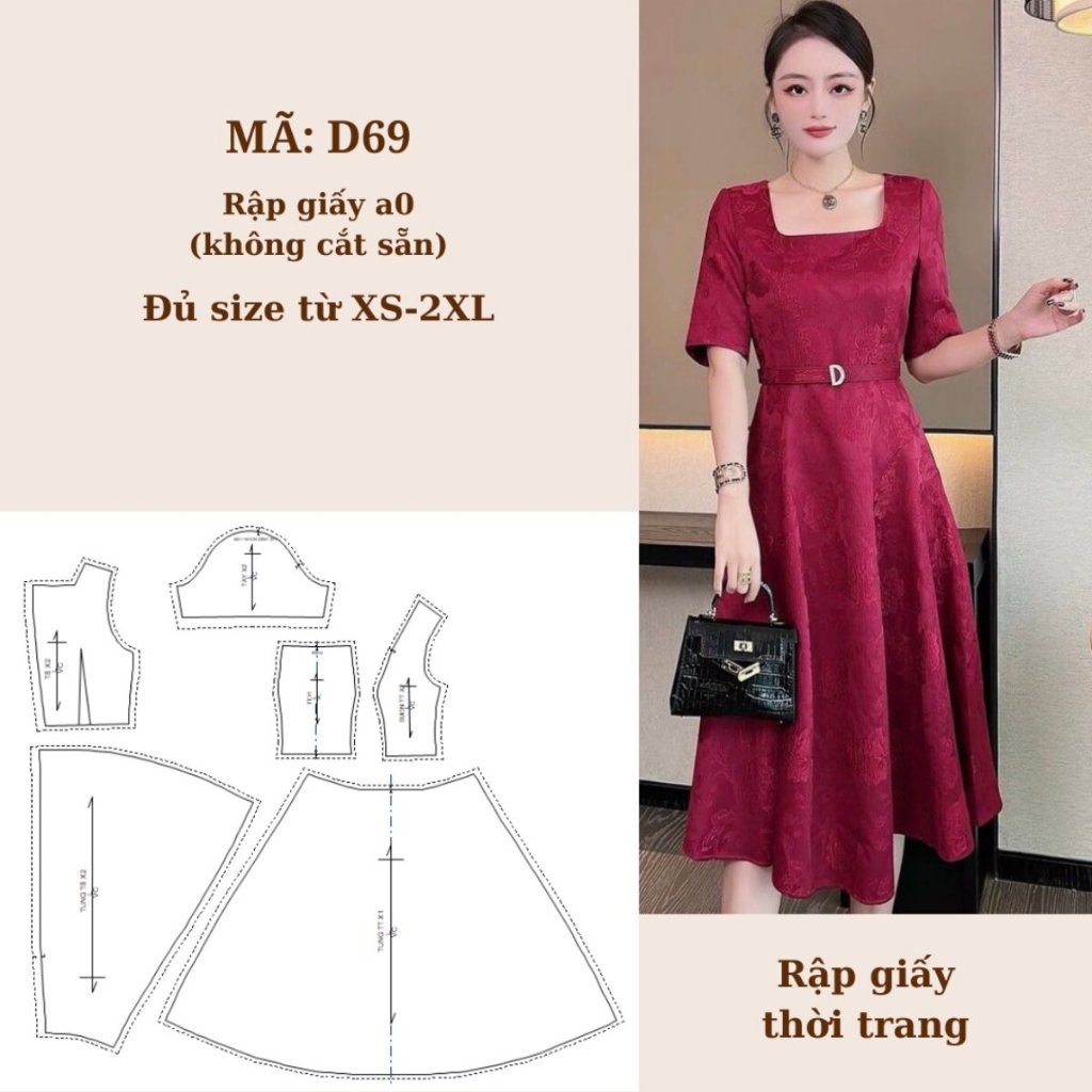 RẬP GIẤY A0 ĐẦM XÒE CỔ VUÔNG D69 ( KHÔNG CẮT SẴN )