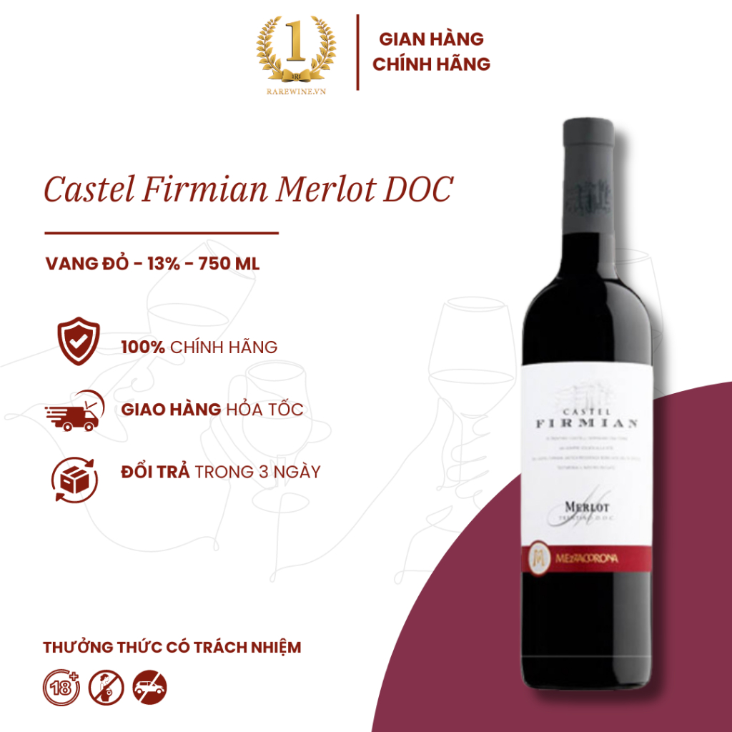 Rượu Vang Đỏ Ý Castel Firmian Merlot DOC, Nho Merlot Thượng Hạng 13.0% Chai 750M, Rượu Vang Hà Nội, Rượu Vang Ngon