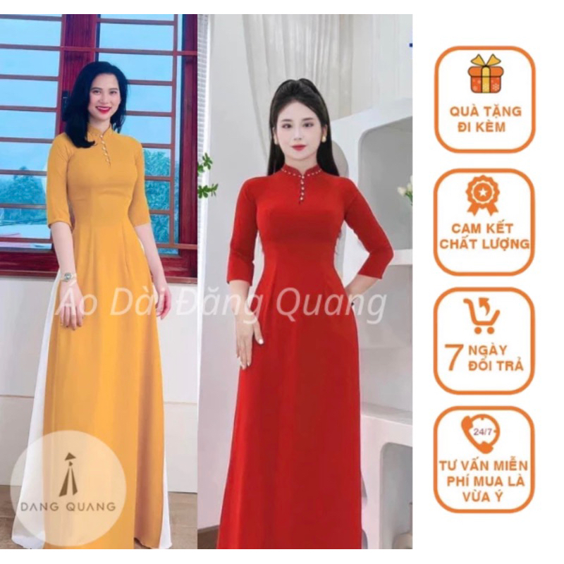 Áo Dài Truyền Thống Cổ Xẻ Cách Điệu Đính Ngọc Cổ Cao Tay Lỡ, Vải Lụa Mỹ Cao Cấp.