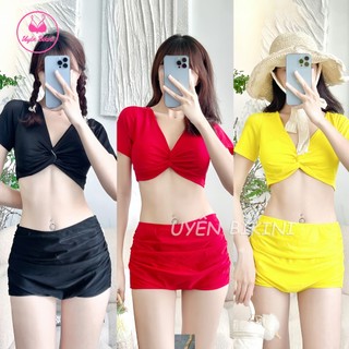 Đồ bơi áo tắm bikini hai mảnh cộc tay xoắn ngực quần đùi cạp cao che khuyết đIểm đi biển kín đáo