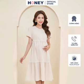  Váy bầu thời trang công sở dáng babydoll cổ tròn tay ngắn - Thời trang đầm bầu cao cấp HONEY 