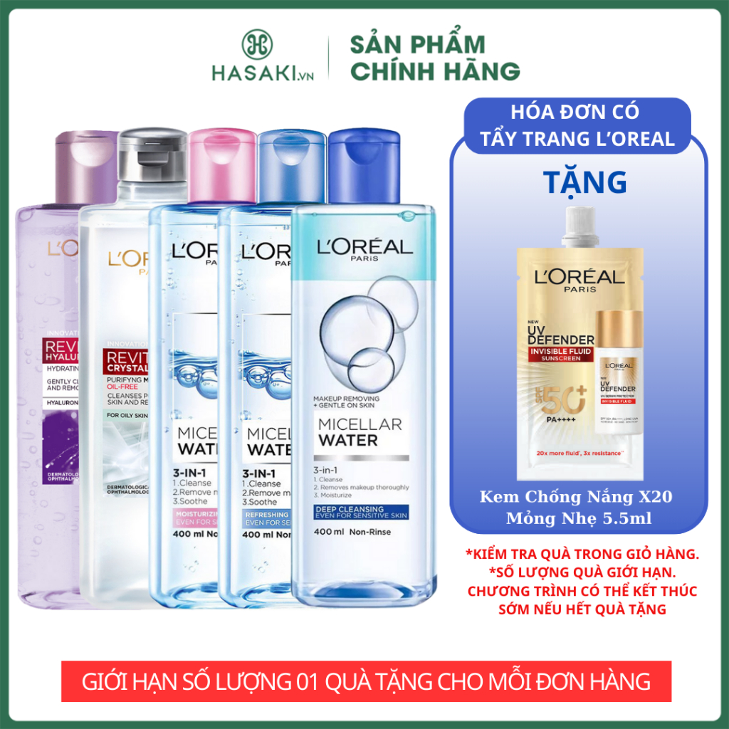 [TẶNG CHỐNG NẮNG L'OREAL X20 mini - SL GIỚI HẠN] Nước Tẩy Trang L'oreal Dành Cho Da Dầu Da Nhạy Cảm, Làm Sạch Trang Điểm