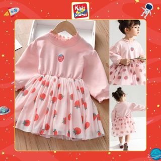 Váy hồng họa tiết quả dâu phối lưới cho bé gái mặc xuân hè (N00653)