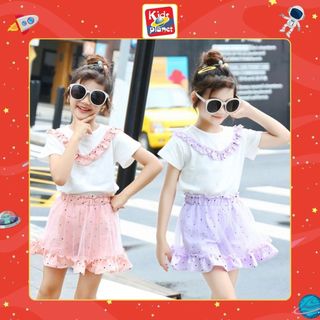 Set áo phông phối chân váy ren nhiều màu cho bé gái (N00702)