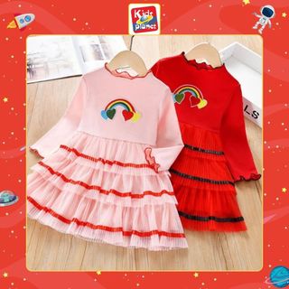 Váy thun dài tay phối lưới xòe nhiều tầng cho bé gái mặc xuân hè (N00651)