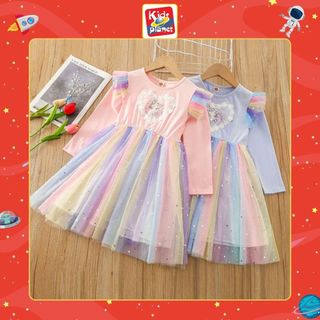 Váy đầm dài tay công chúa Elsa thêu hoạ tiết phối cầu vồng cho bé gái (Cao 110-160cm, nặng 14-40kg) N00923