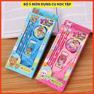 Bộ Dụng Cụ Học Tập 5 Món Hộp Giấy Loại To Thỏ Và Gấu Gồm 2 Bút Chì + Tẩy + Kéo + Gọt Bút Chì  Xinh Xăn Đáng Yêu