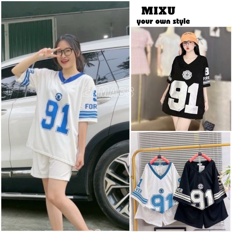Set bộ thể thao nữ, áo phông cộc tay in số 91 và quần short đùi ngắn, phong cách sporty - MIXU BNN12