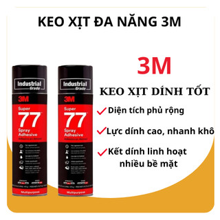 Keo xịt đa năng 3M, dính tốt trên nhiều loại vật liệu: giấy, bìa carton, vải, bông nệm, nhựa, gỗ,...