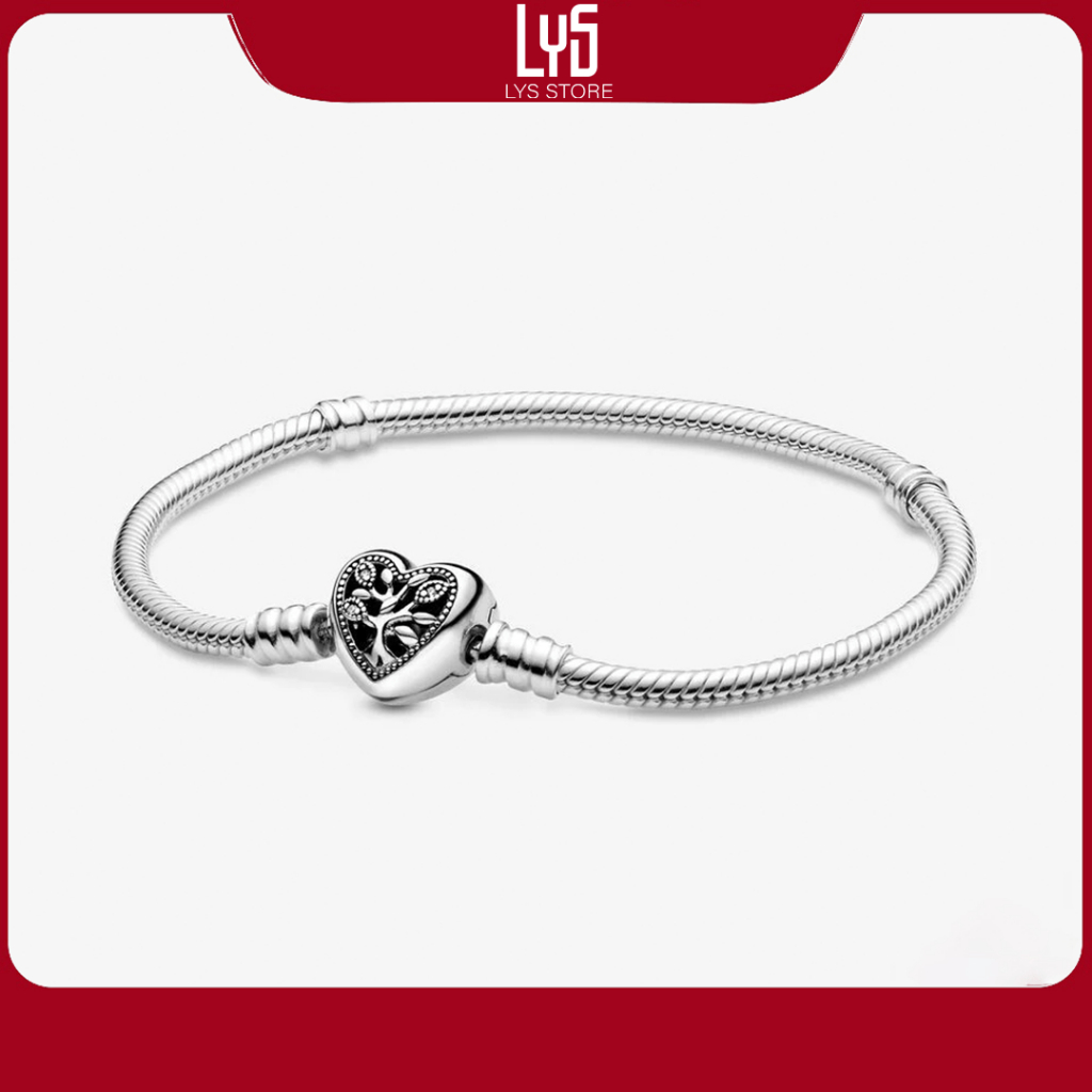 Vòng tay bạc S925 Moments Family Tree Heart Clasp Snake Chain Bracelet Pan 5014 Fullbox