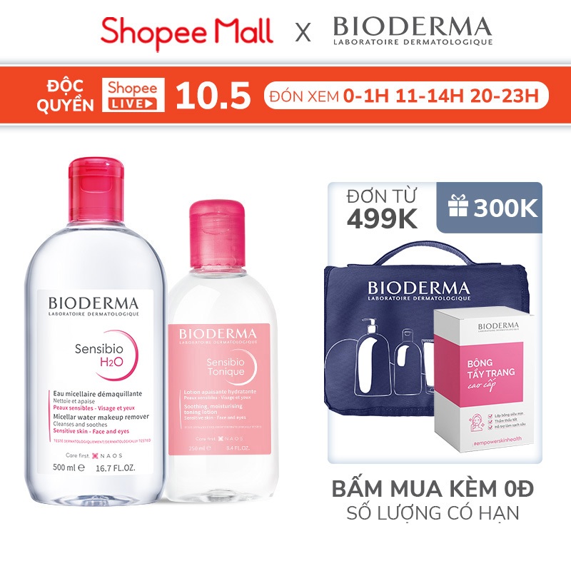 Bộ đôi nước tẩy trang làm sạch micellar cho da nhạy cảm Bioderma Sensibio H2O 500ml và dung dịch cân bằng,dưỡng ẩm 250ml