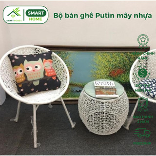 BỘ 4 GHẾ 1 BÀN PUTIN MÂY NHỰA SmartHomes KHUNG THÉP SÂN VƯỜN BAN CÔNG PHÒNG KHÁCH CAO CẤP
