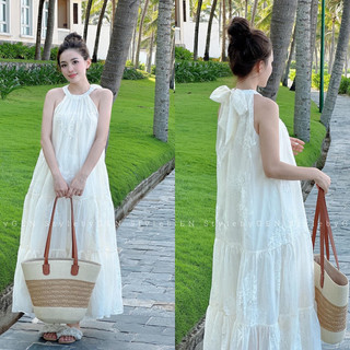 Đầm Maxi Cổ Yếm Dài Xoè Vải Thêu Hoa (Hàng Chuẩn Hình) Váy Maxi Dài Đi Biển Mát Mùa Hè