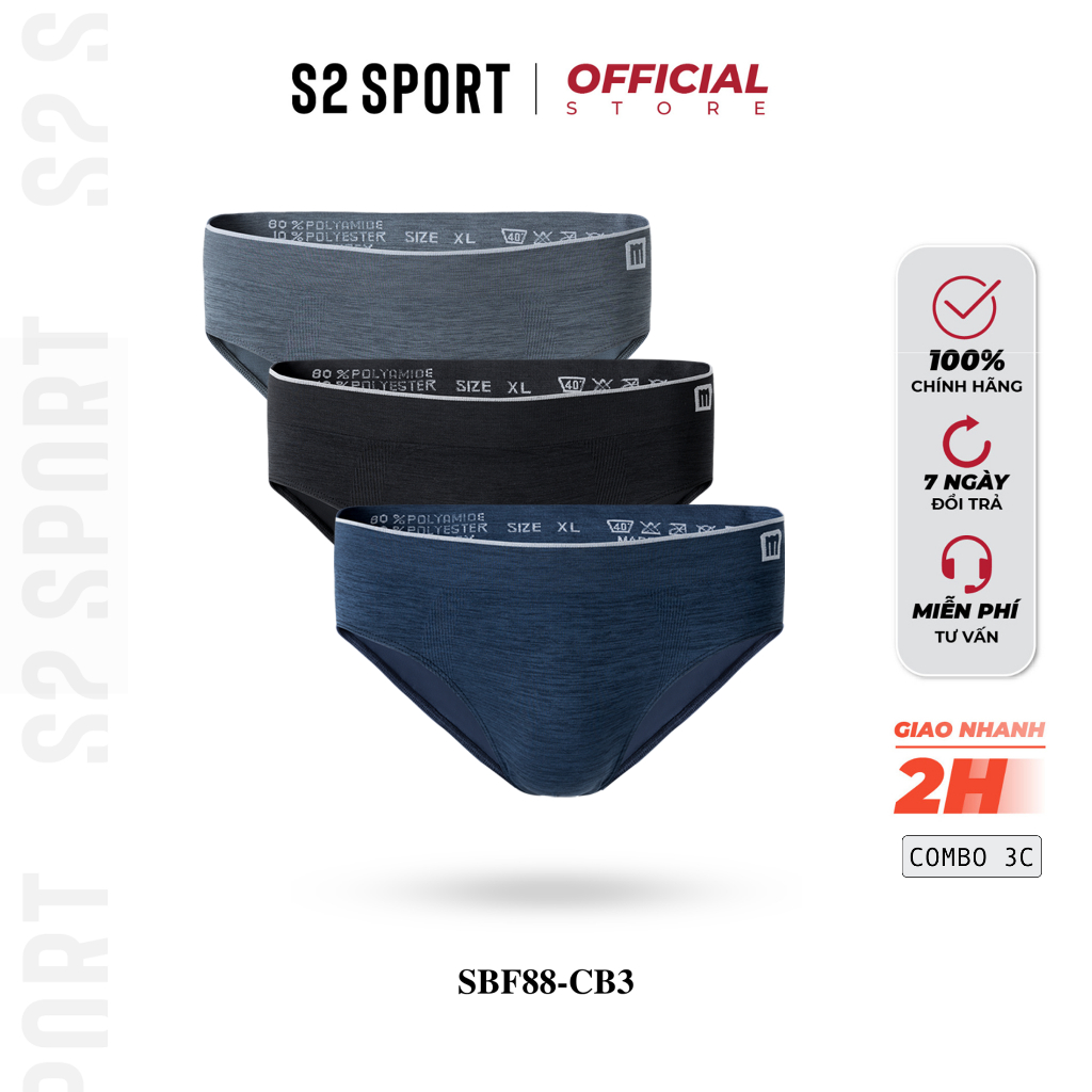 Combo 03 quần lót nam S2 SPORT sịp tam giác cạp cao logo dệt liền co giãn kháng khuẩn - SBF88.CB3