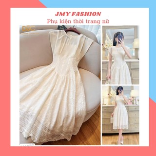 V4777 Váy ren kem dáng xòe cổ phối voan nữ tính [Dolce Viva Colection (DVC)] Váy đầm ren kem xòe midi tiểu thư