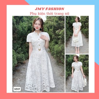 V517 Váy đầm ren hoa trắng choàng vai sang chảnh [TH Hà Thanh] váy trắng xòe dài thiết kế tiểu thư