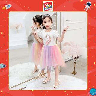 Váy hoạ tiết ngựa phối chân ren lưới cầu vồng cho bé gái (N00715)
