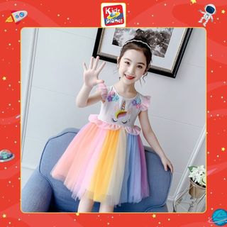 Váy đầm hoạ tiết ngựa phối ren lưới cầu vồng cho bé gái (N00731)