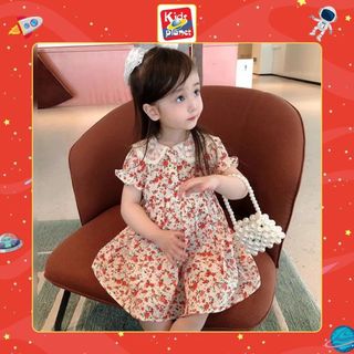Váy đầm hoa nhí đỏ phối cổ ren trắng cho bé gái