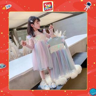 Váy len dài tay cầu vồng nhiều màu cho bé gái (Cao 90-140cm, nặng 10-30kg) N01019