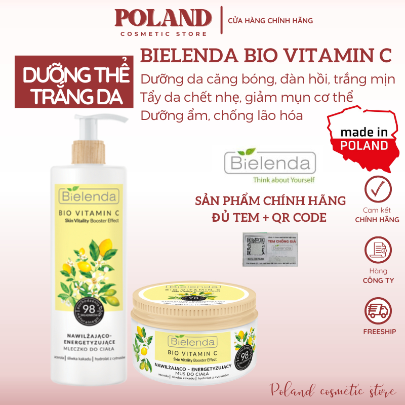 Sữa dưỡng thể trắng da Bielenda Bio Vitamin C dưỡng ẩm, dưỡng da trắng sáng, mềm mịn 400ML