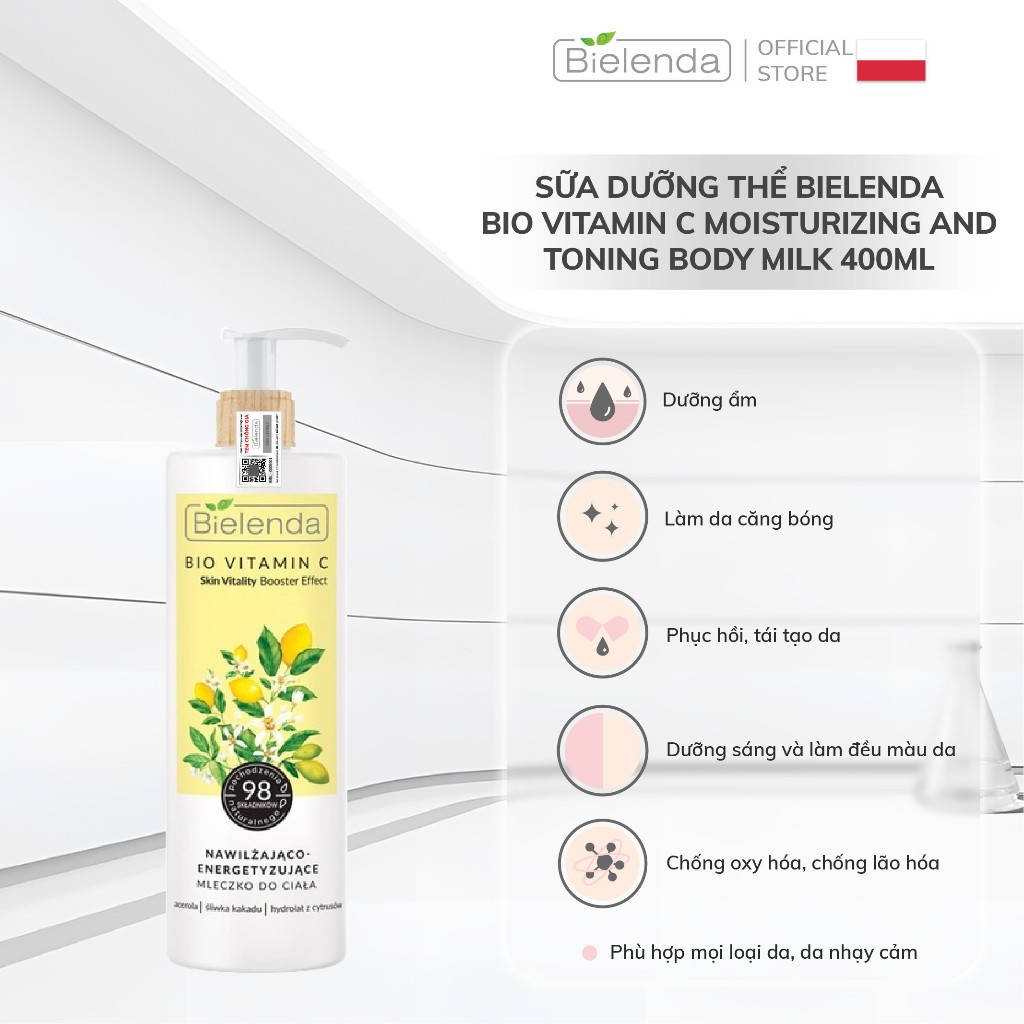 Sữa dưỡng thể trắng da Bielenda Bio Vitamin C dưỡng ẩm, dưỡng da trắng sáng, mềm mịn 400ML