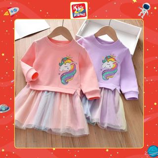 Váy thun dài thay phối lưới họa tiết con ngựa cho bé gái mặc xuân hè (N00657)