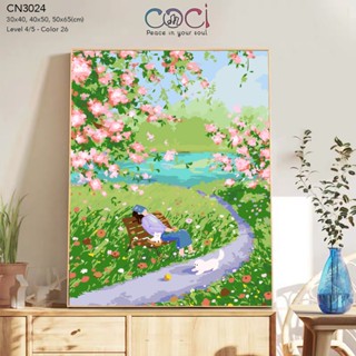 Tranh tô số hóa seri chữa lành cô gái và mèo COCI tự tô màu theo số có kèm khung mã CNC3024