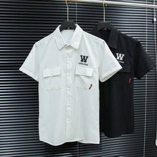  Áo sơ mi cộc tay nam chất vải lụa mango dày dặn thêu logo màu trắng đen cao cấp-AHFASHION Menswear 