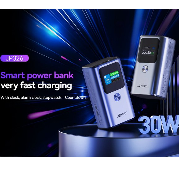 Pin dự phòng JOWAY JP326 10000mAh sạc nhanh 30W nhỏ gọn tích hợp đồng hồ báo thức, cảnh báo nhiệt độ