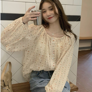 Áo sơ mi nữ hoa nhí tay dài dáng rộng tiểu thư, sơ mi nữ tay dài form rộng vintage 1444