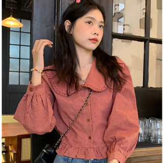 Áo sơ mi nữ dài tay dáng ngắn họa tiết kẻ caro, áo sơ mi croptop phối viền bèo cổ búp bê 6650