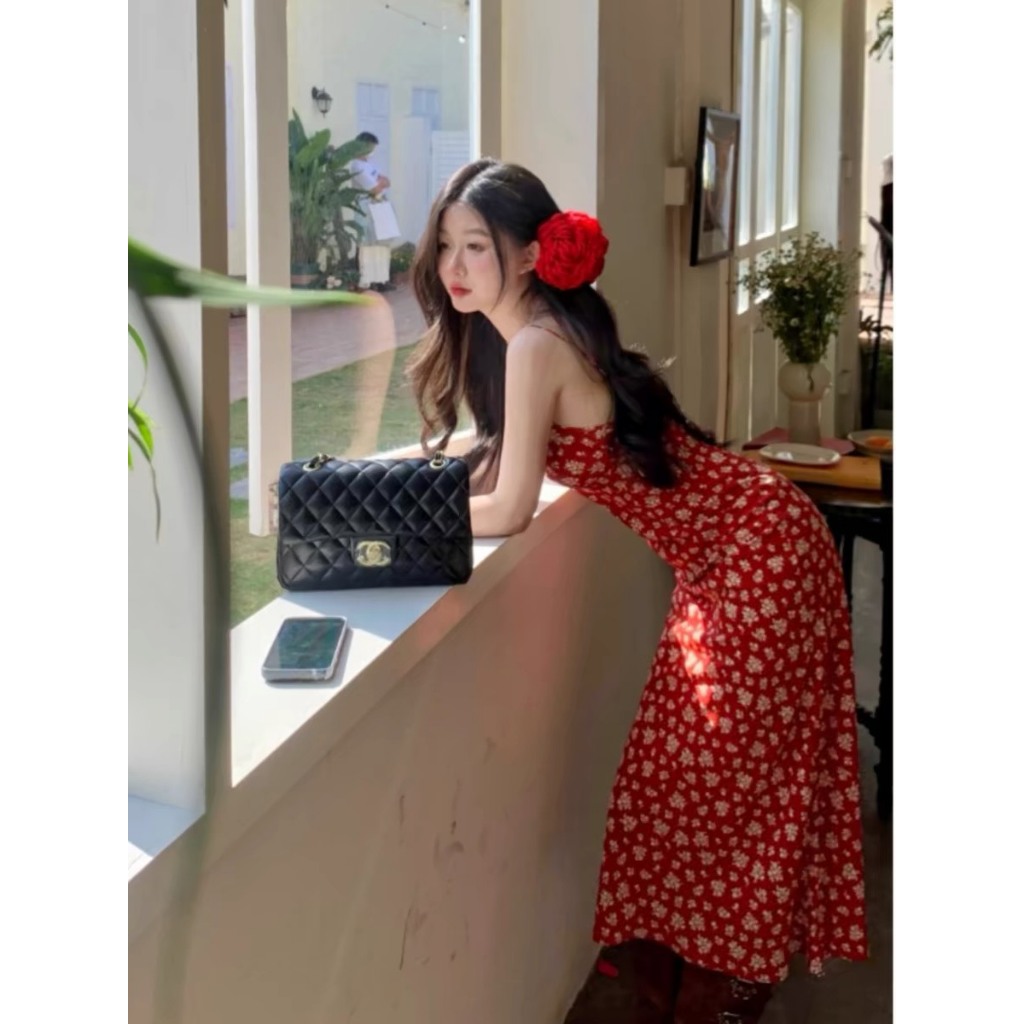   HÀNG SẴN  Váy hai dây hoa nhí màu đỏ cam thon eo dáng dài bút chì gợi cảm style Hong Kong vintage hàng QC cao cấp 