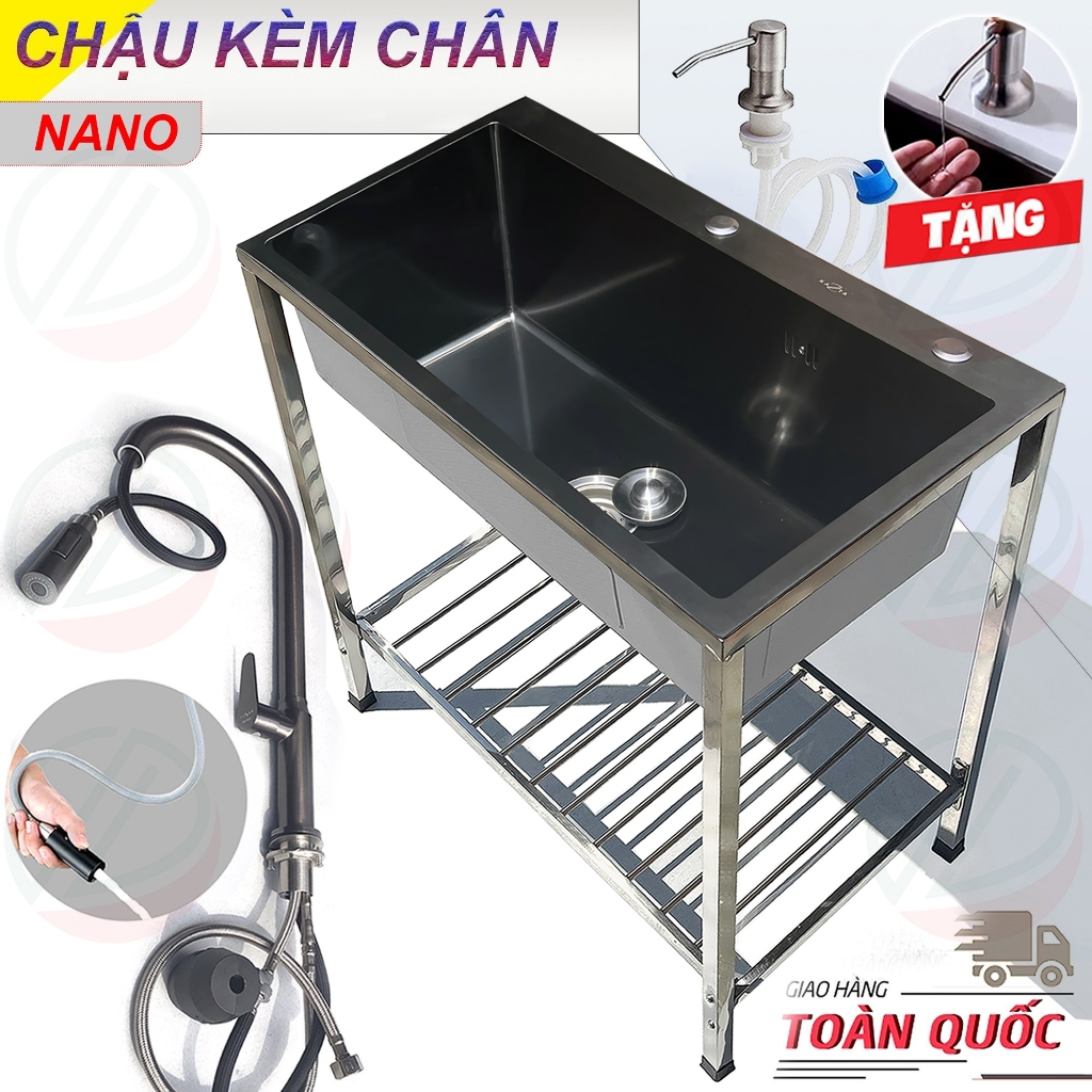 COMBO Chậu Rửa Chén Bát Inox Phủ Nano KAZTA Có Kệ Chân Kèm Vòi Xoay 360 - Nhiều mẫu loại 1 hộc đơn và 2 hộc đôi