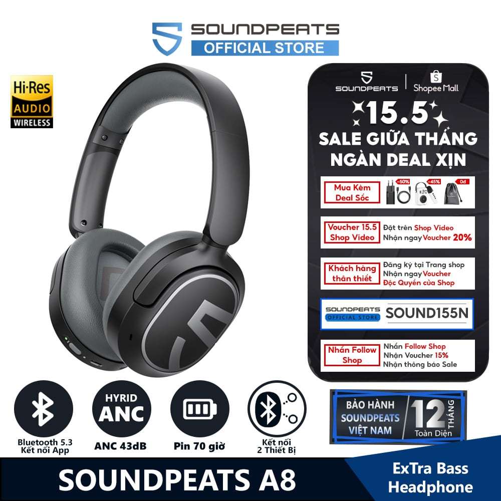 Tai Nghe Chụp Tai Bluetooth SoundPEATS A8 | Pin 70 Giờ | Kết Nối 2 Thiết Bị | Bluetooth 5.3