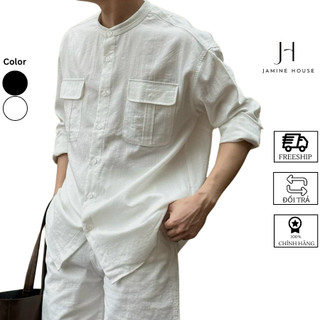 Áo Sơ Mi Nam Nữ JAMINE HOUSE Cổ Trụ Ngắn Lụa Đũi Dài Tay Túi BO TRÒN Màu Trắng, Đen Ulzzang Phong Cách Unisex