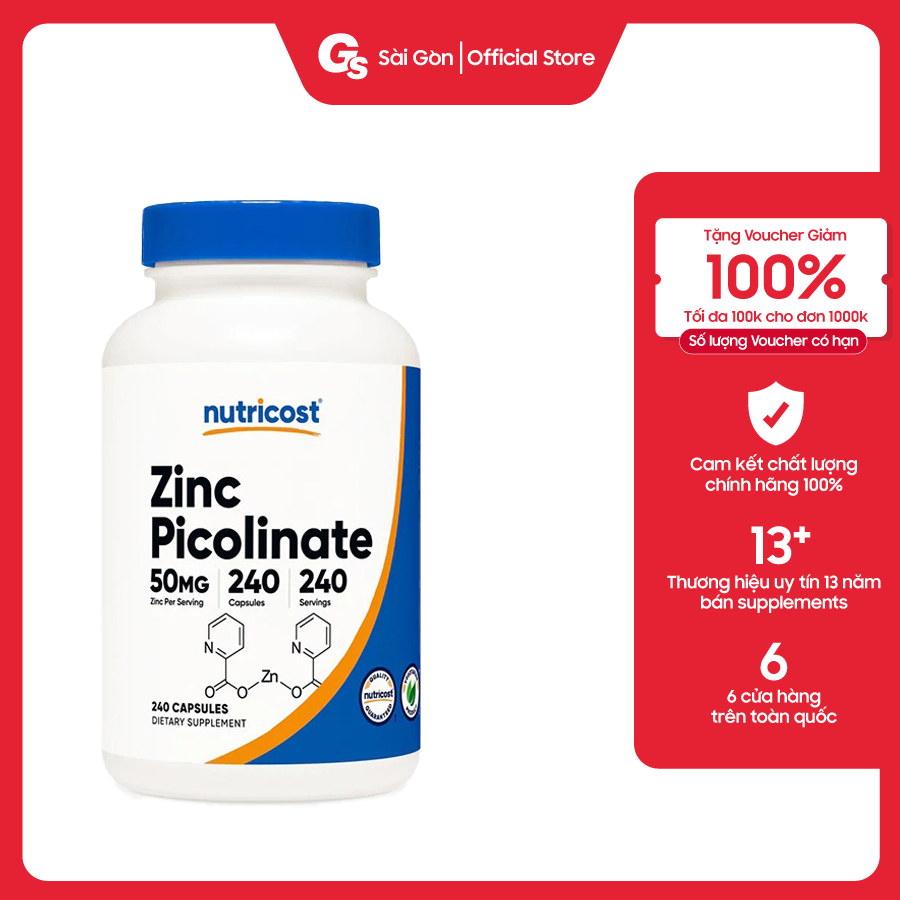 Viên uống kẽm Nutricost Zinc Picolinate 50mg nhập khẩu Mỹ - Gymstore