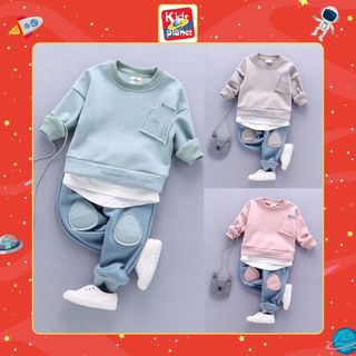 Set áo vải đũi dài tay phối màu cho bé trai & bé gái xuân hè (N00647)