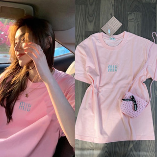 [LNT]áo thun Miumiu+tặng kèm túi đi biển,màu hồng nhạt baby bunny cực xinh logo thêu ngọt ngào nữ tính form dấu quần