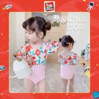 Bộ đồ bơi liền hoa đỏ kèm mũ bơi cho bé gái 70-130cm