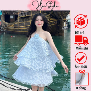 Đầm nữ váy nữ cổ yếm Bridgerton group xếp ly tầng cài hoa vải ren siêu xinh đi chơi đi biển