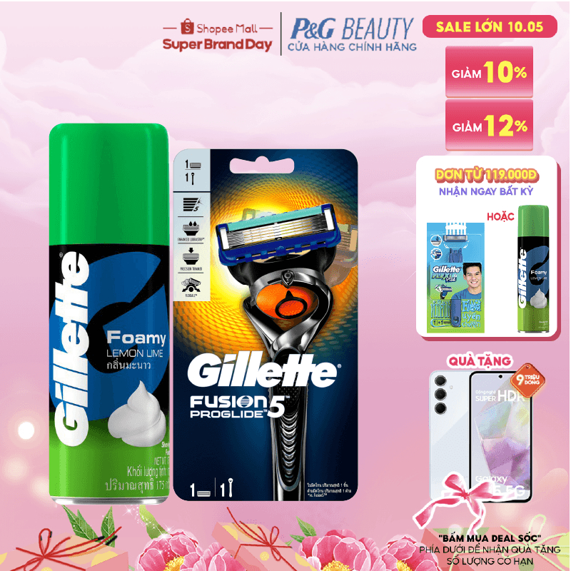 Combo 2 gồm dao cạo Dao cạo râu Gillette Fusion Proglide Manual 1UP và Bọt cạo râu Gillette 175g