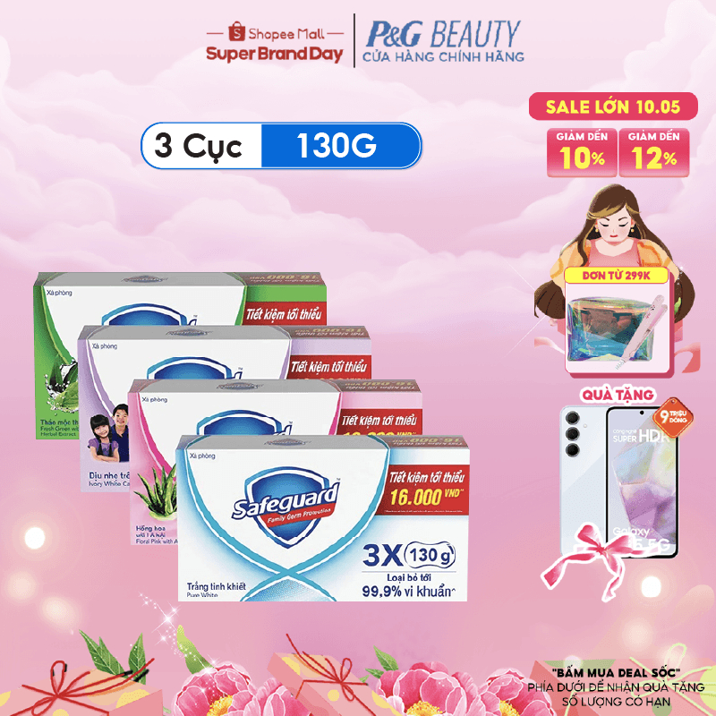 Combo 3 Xà Bông Cục SAFEGUARD Sạch 99,9% Vi Khuẩn & Dịu Nhẹ Cho Da 130g/125g