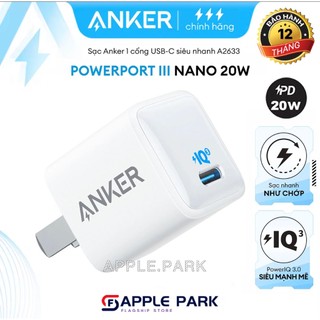 Củ Sạc Nhanh PD 20W Anker A2633,Cáp Sạc A8632/A8633 USB-C to L,Bảo Hành 12T