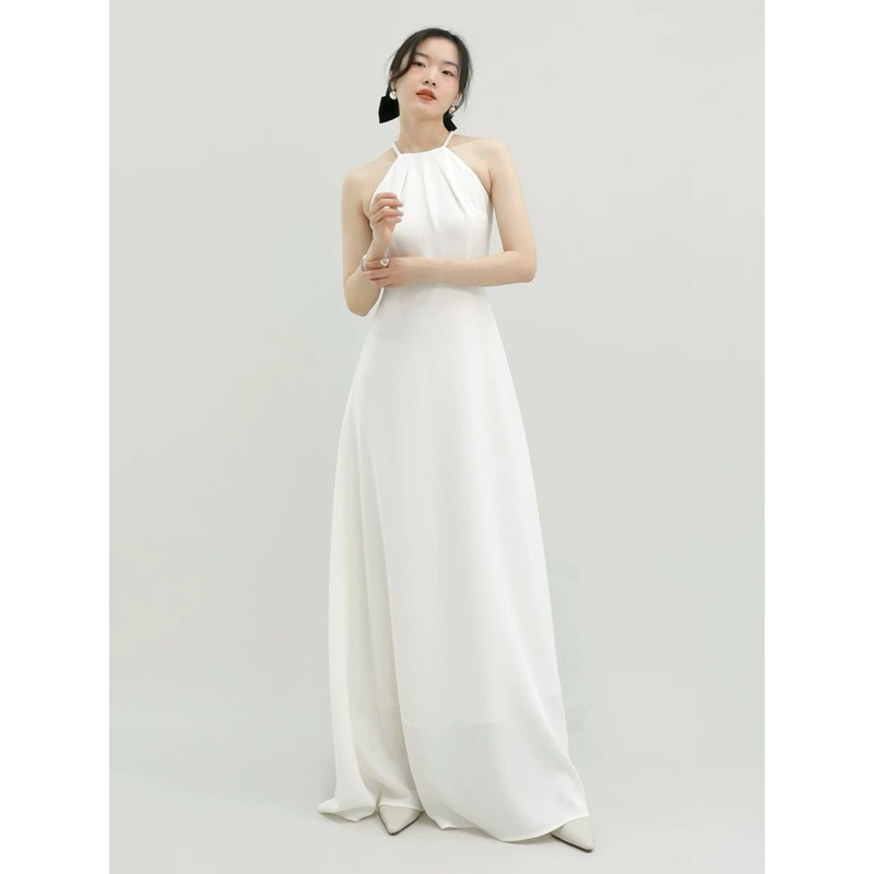 Váy trắng dự tiệc cổ yếm dáng maxi. Đầm cô dâu đi bàn, váy cưới sang trọng