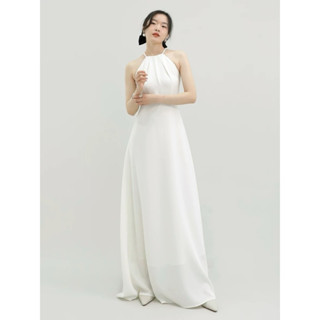 Váy trắng dự tiệc cổ yếm dáng maxi. Đầm cô dâu đi bàn, váy cưới sang trọng