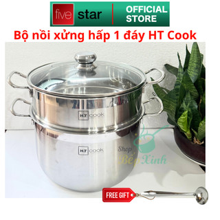 Bộ nồi xửng hấp 1 đáy inox 430 cao cấp HT Cook Fivestar nắp kính tặng 1 muỗng canh  26cm | 28cm | 30cm | 32cm