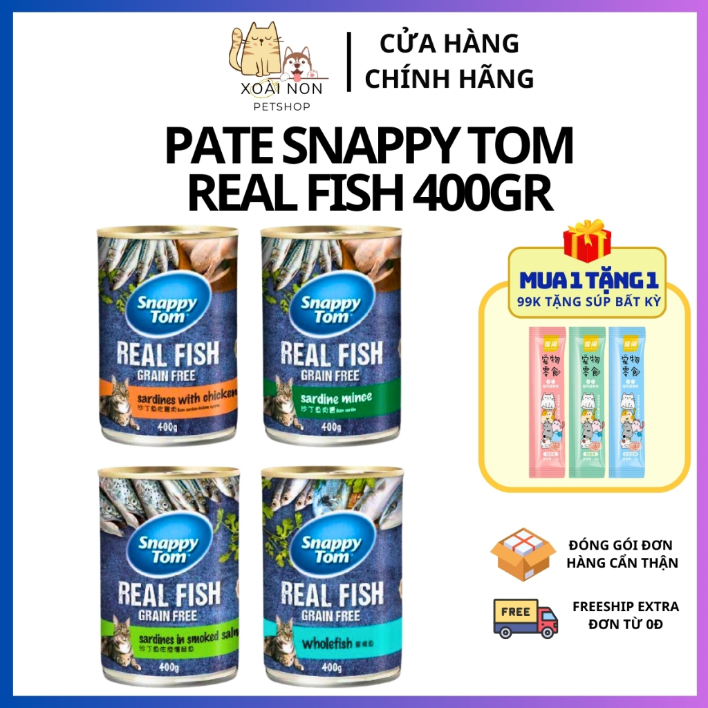 Pate Lon Snappy Tom Real Fish/Real Meat Lon 400Gram Đủ Vị Đạm Cao Giàu Dinh Dưỡng Cho Chó Mèo