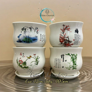 Chậu sứ trồng cây cảnh có đĩa lót, hoạ tiết thuỷ mạc cổ. Mã:Đ-