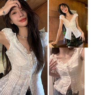  Áo croptop nữ cúc tròn”NANI” tay cánh tiên phối ren style vintage 
